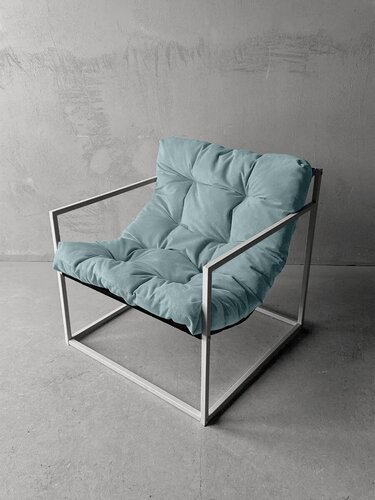 Изображение товара Кресло мягкое удобное для отдыха, уличное, на балкон, на веранду, в стиле лофт, минимализм, Комфи + голубой рогожка , белый металл