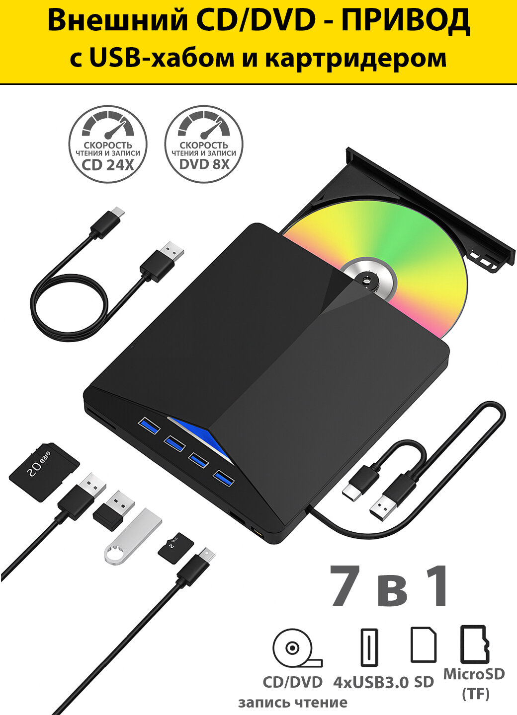 Дисковод внешний, для ПК и ноутбука, USB 3.0, Type-C, для чтения и записи DVD/CD и MicroSD, SD карт