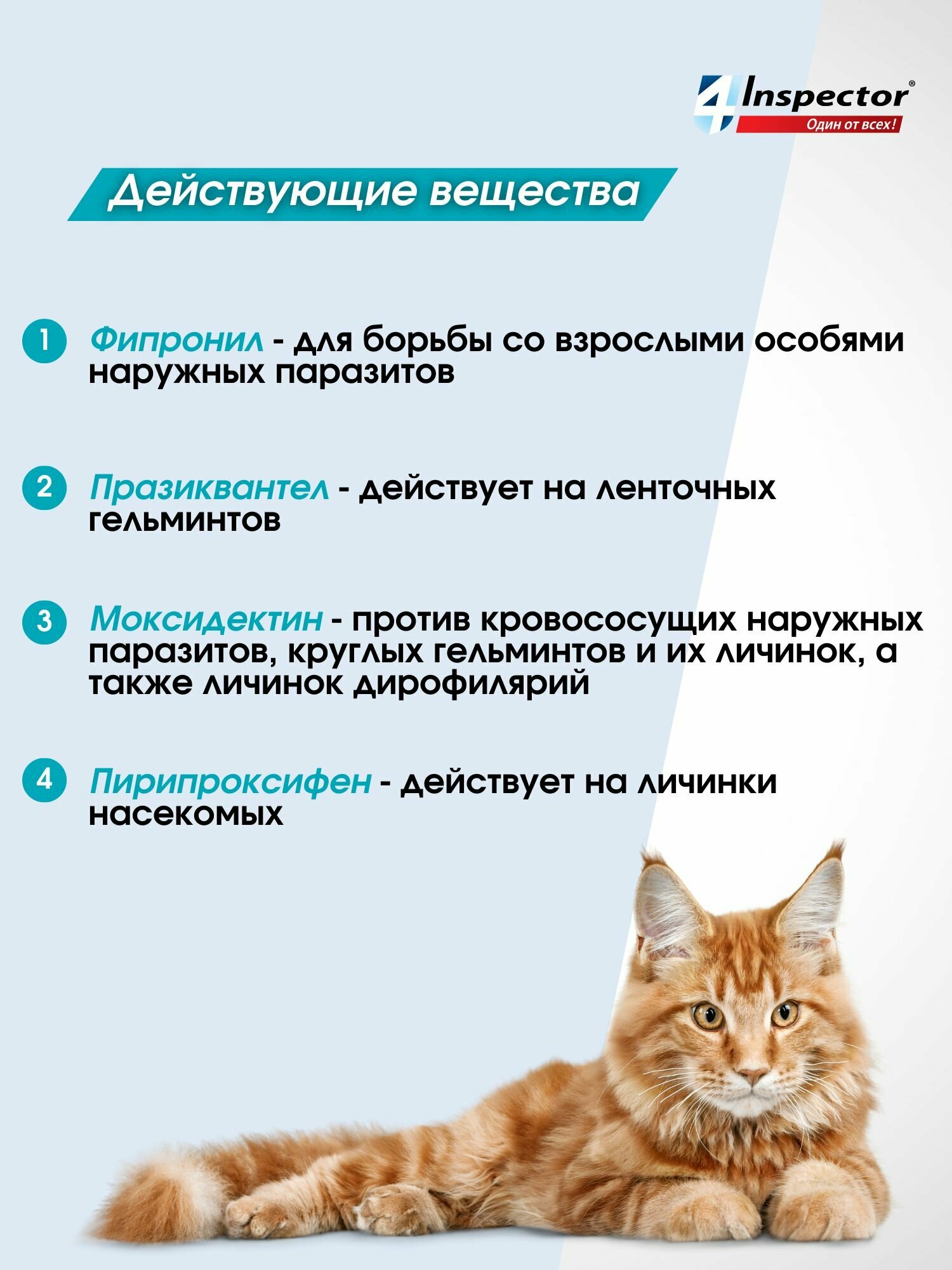 Инспектор Квадро К Капли для кoшек 4-8 кг. от блох, клещей, гельминтов (1 пипетка) — фото 1