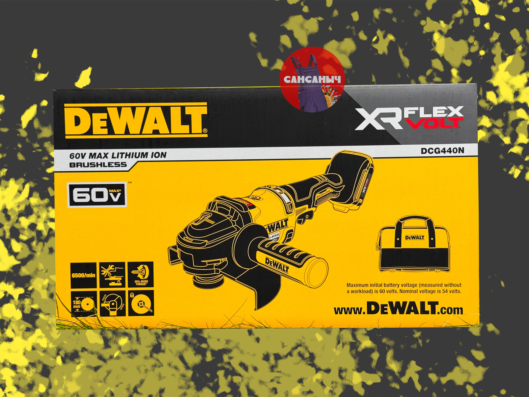 Аккумуляторная угловая шлифмашина DEWALT DCG440N, 54 В, 180 мм, 6500 об/мин, без АКБ и ЗУ (DCG440N-XJ)