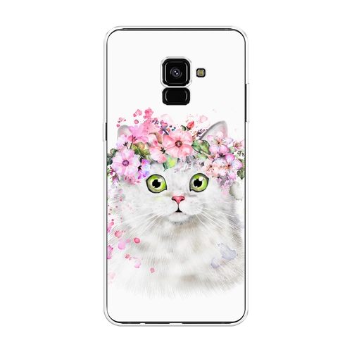Силиконовый чехол на Samsung Galaxy A8 Plus 2018 / Самсунг Галакси A8 Плюс Белая кошка с цветами силиконовый чехол на samsung galaxy a8 plus 2018 самсунг галакси a8 плюс котик с ножом прозрачный