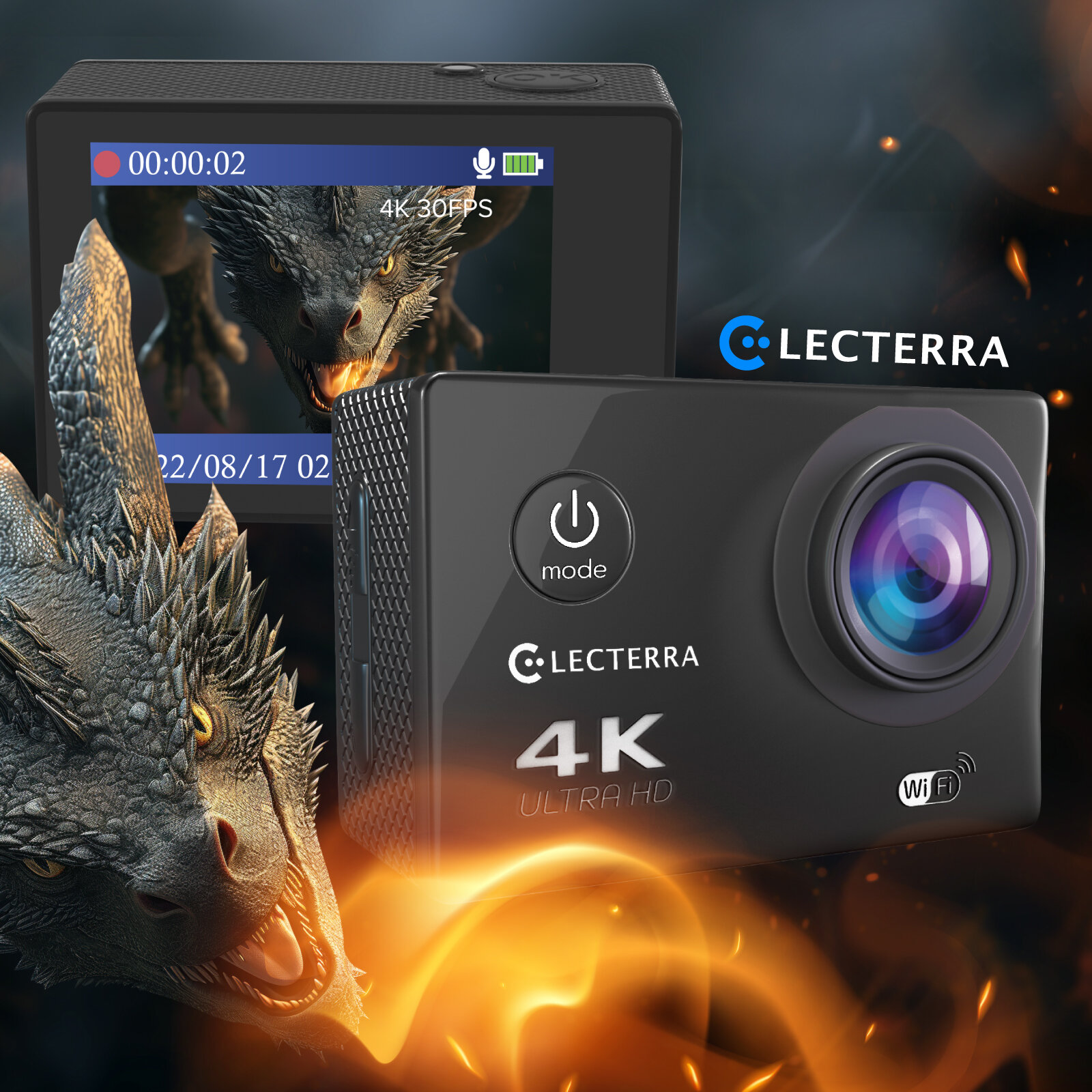 Экшн камера Electerra 4К UHD 30 fps. Подводная съемка. Видеокамера для активного отдыха. Пульт дистанционного управления, Wi-Fi. Черный