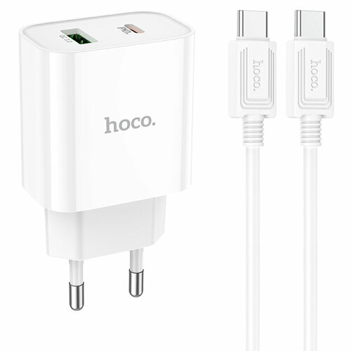 Сетевое зарядное устройство HOCO C80A Plus 1xUSB + 1xUSB-C с Кабелем Type-C - Type-C, 3.1A, 20W, белый сетевое зарядное устройство hoco c80a rapido pd20w qc3 0 charger type c usb eu белый 6931474740519