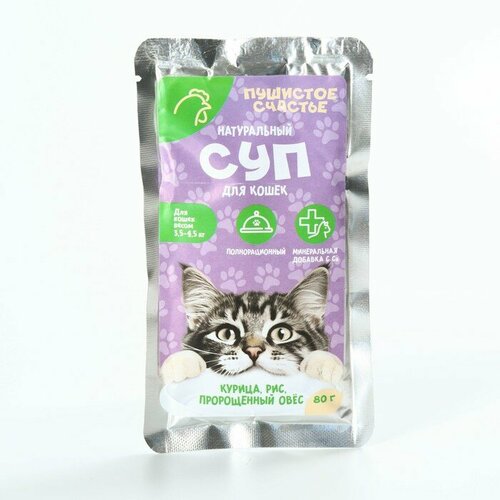 Влажный корм Пушистое счастье Беззерновой суп с курицей и рисом для кошек 80 г 378₽
