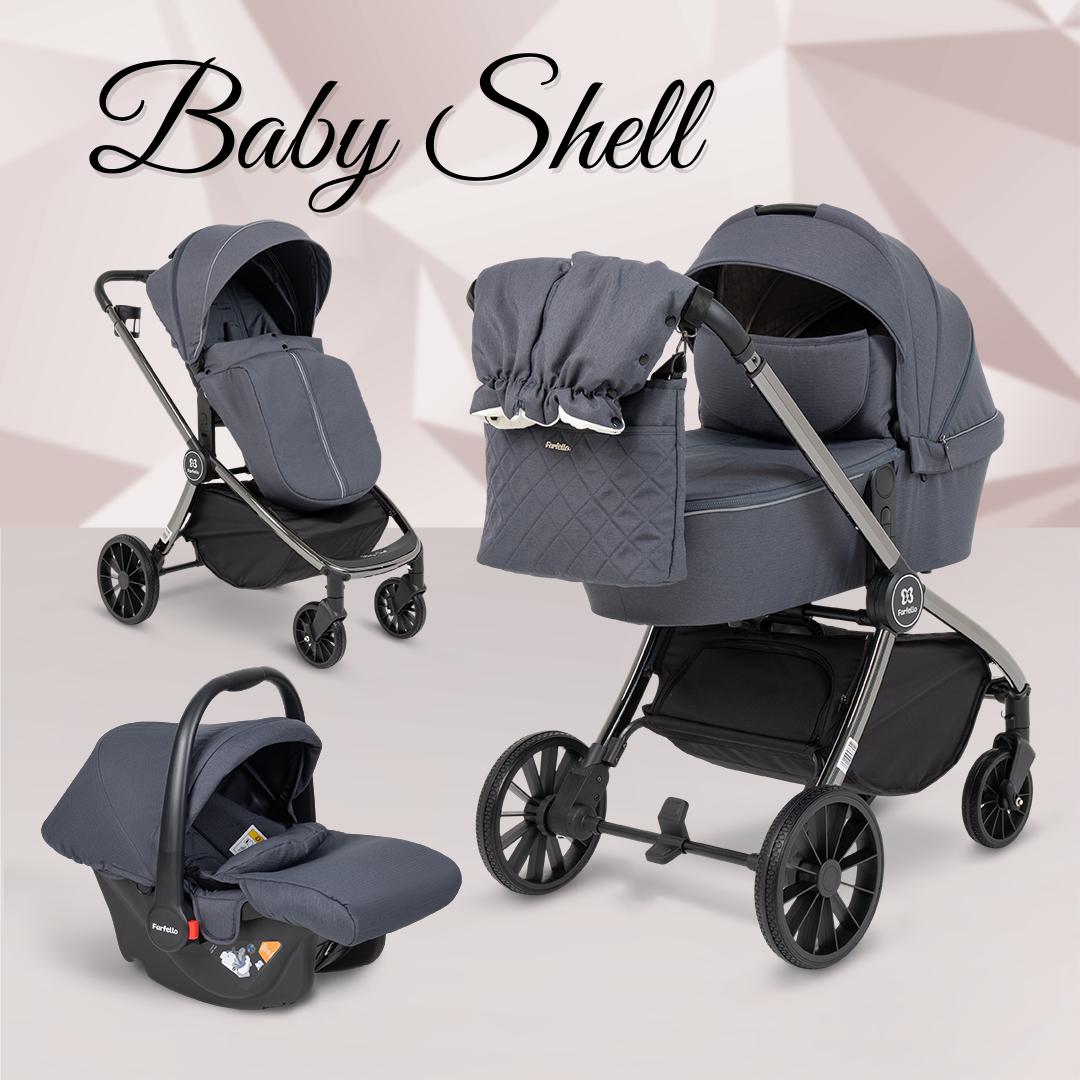 Коляска 3 в 1 для новорожденных Farfello Baby Shell, Темно-серый хром