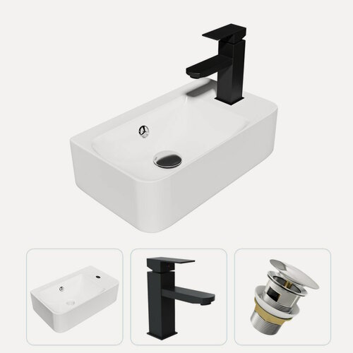 Изображение товара Раковина подвесная для ванной Teymi Hanna 45 правая в комплекте смеситель черный матовый и донный клапан клик-клак с переливом хром F07723