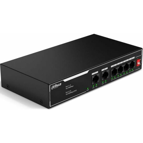 DAHUA DH-SF1006LP 6-портовый неуправляемый коммутатор с РоЕ 4xRJ45 100Mb PoE 2xRJ45 100Mb uplink суммарно 36Вт коммутация 12 Гбитс MAC-таблица 3290₽