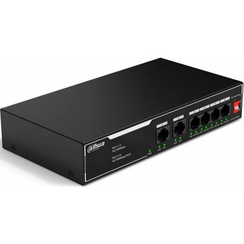 DAHUA DH-SF1006LP 6-портовый неуправляемый коммутатор с РоЕ, 4xRJ45 100Mb PoE, 2xRJ45 100Mb uplink, суммарно 36Вт, коммутация 1.2 Гбит/с, MAC-таблица