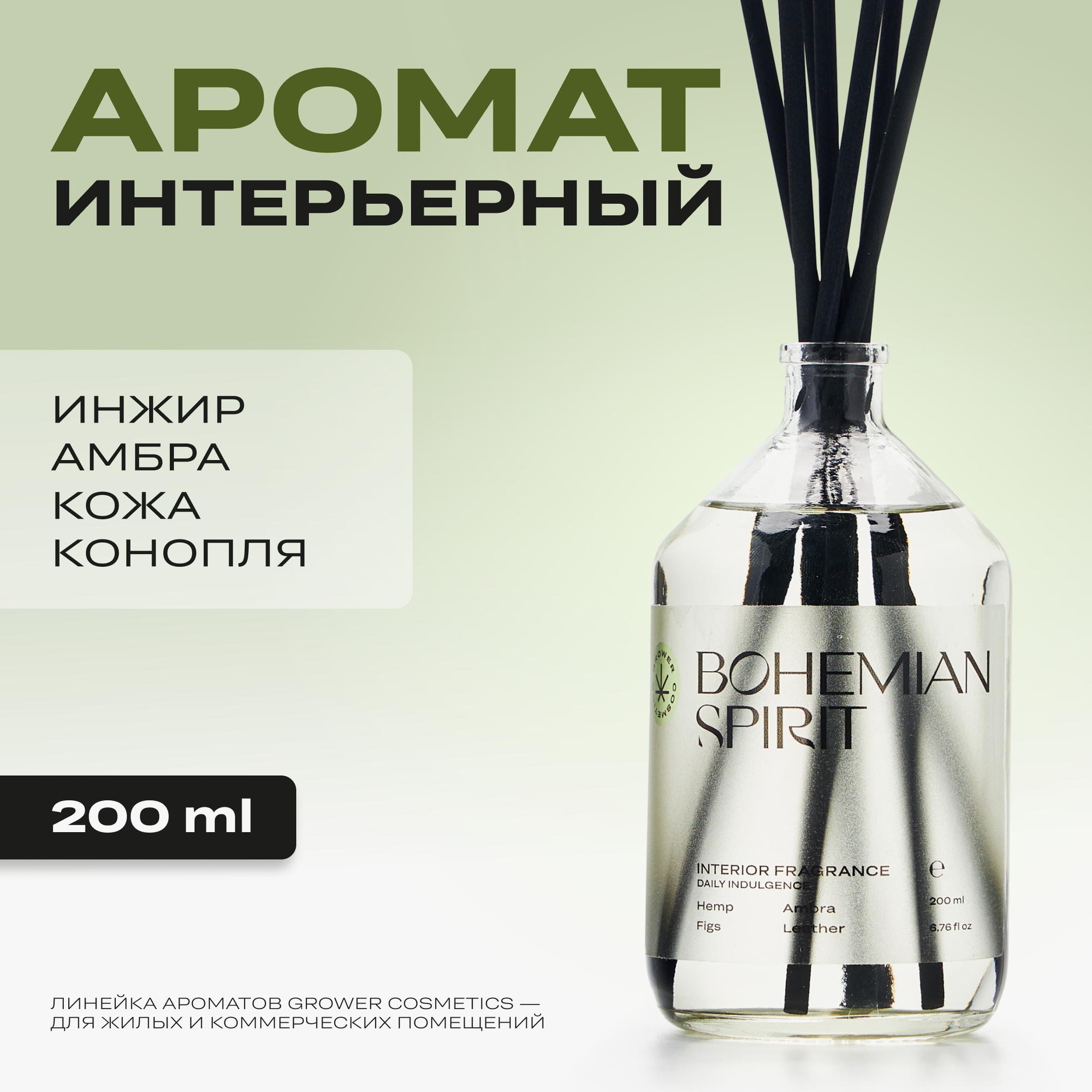 Арома диффузор Grower cosmetics "BOHEMIAN SPIRIT" Инжир, Амбра, Кожа, Конопля. 200мл