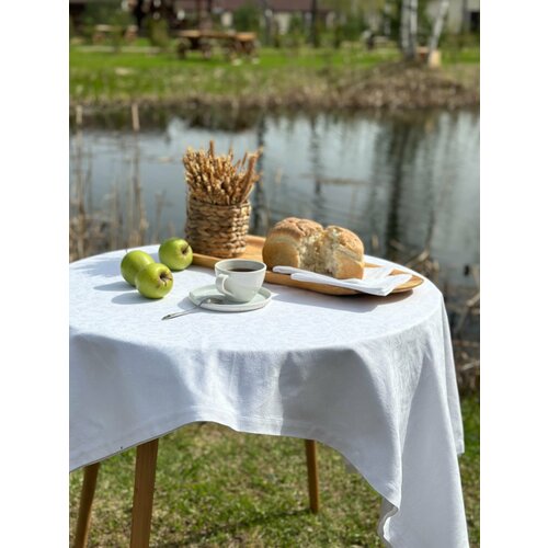 Белая льняная жаккардовая скатерть, 150*200см