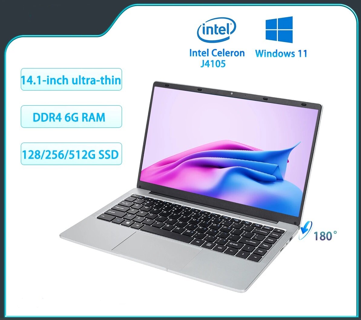 Ультратонкий ноутбук 14,1" FHD IPS дисплей, Intel Celeron J4105 (4х2,5 Ггц), DDR4-8 ГБ (6 Гб), SSD 256 Гб, Windows 11, Серебристый + мышь + коврик
