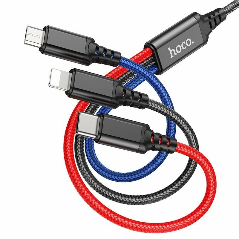 Hoco Провод для зарядки телефона 3в1 для iPhone, iPad, Airpods, андроид / USB-C - Lightning - Micro-USB, кабель 1 метр, разноцветный