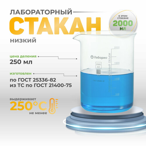 Стакан лабораторный 2000 мл (тип Н, низкий с делениями и носиком, термостойкий), ТС Н-1-2000