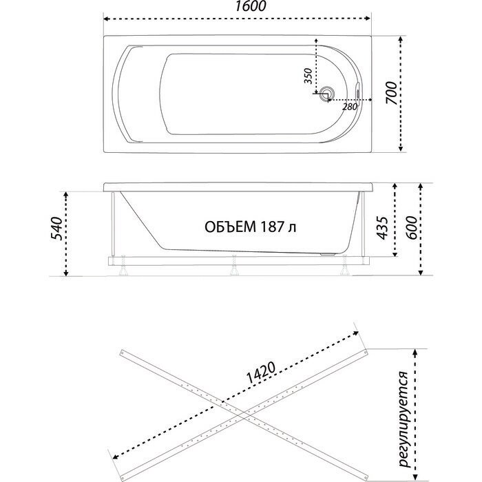 Акриловая ванна 1ACReal Дюна 160х70 на каркасе (Щ0000046662)