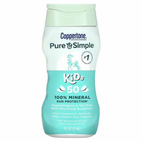 Coppertone Солнцезащитный детский крем SPF 50 гипоаллергенный минеральный для кожи лица рук ног тела, защита от солнца, натуральный увлажняющий дневной уход, 177 мл