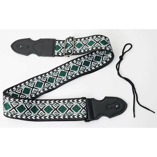 Ремень для акустической и классической гитары с этническим рисунком. Хлопок. 150 см. Зеленый ромб