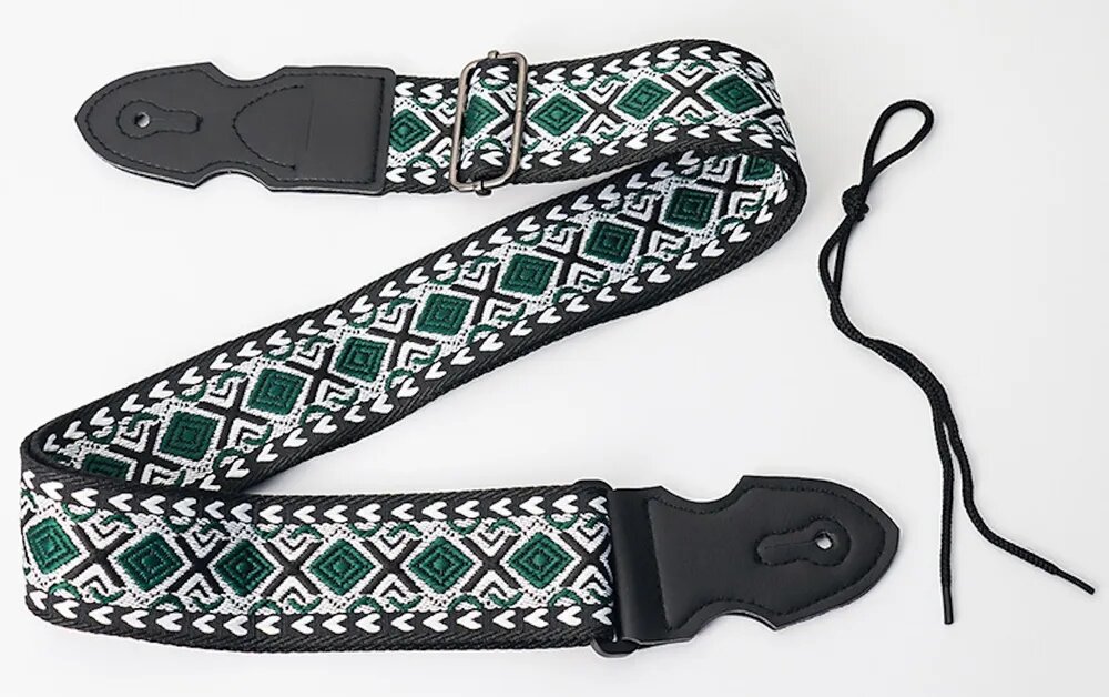Ремень для акустической и классической гитары с этническим рисунком. Хлопок. 150 см. Зеленый ромб