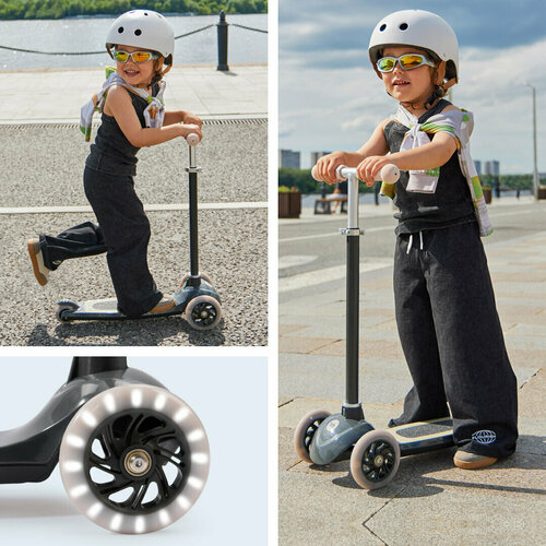 50035, Самокат Happy Baby TORNADO V2, со светящимися колесами, высота руля регулируется, со стикерами и корзиной, черный