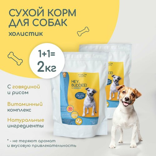 Сухой корм холистик HEY, BUDDEE! полнорационный для взрослых собак средних пород с говядиной и рисом, комплект, 2 кг