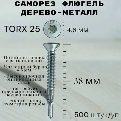 Изображение товара Саморез Флюгель дерево-металл 4,8*38 мм HIMTEX, Torx 25 со сверлом, 500 шт