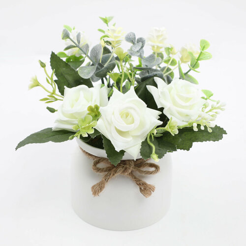 Искусственные цветы роза белая в горшке / кашпо композиция цветов для декора