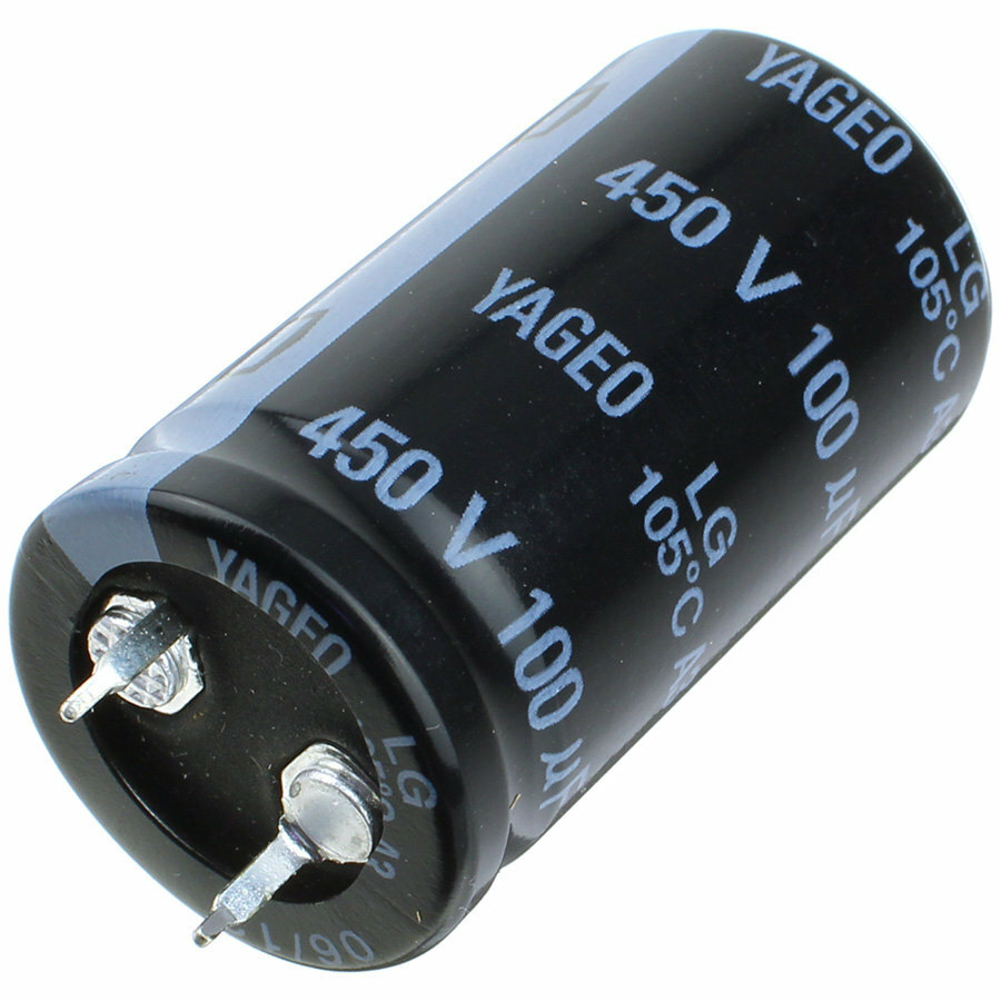 Конденсатор 100мкФ 450В 22*40мм 105C Yageo LG450M0100BPF-2240 Snap-in 650мА 2000час — фото 1