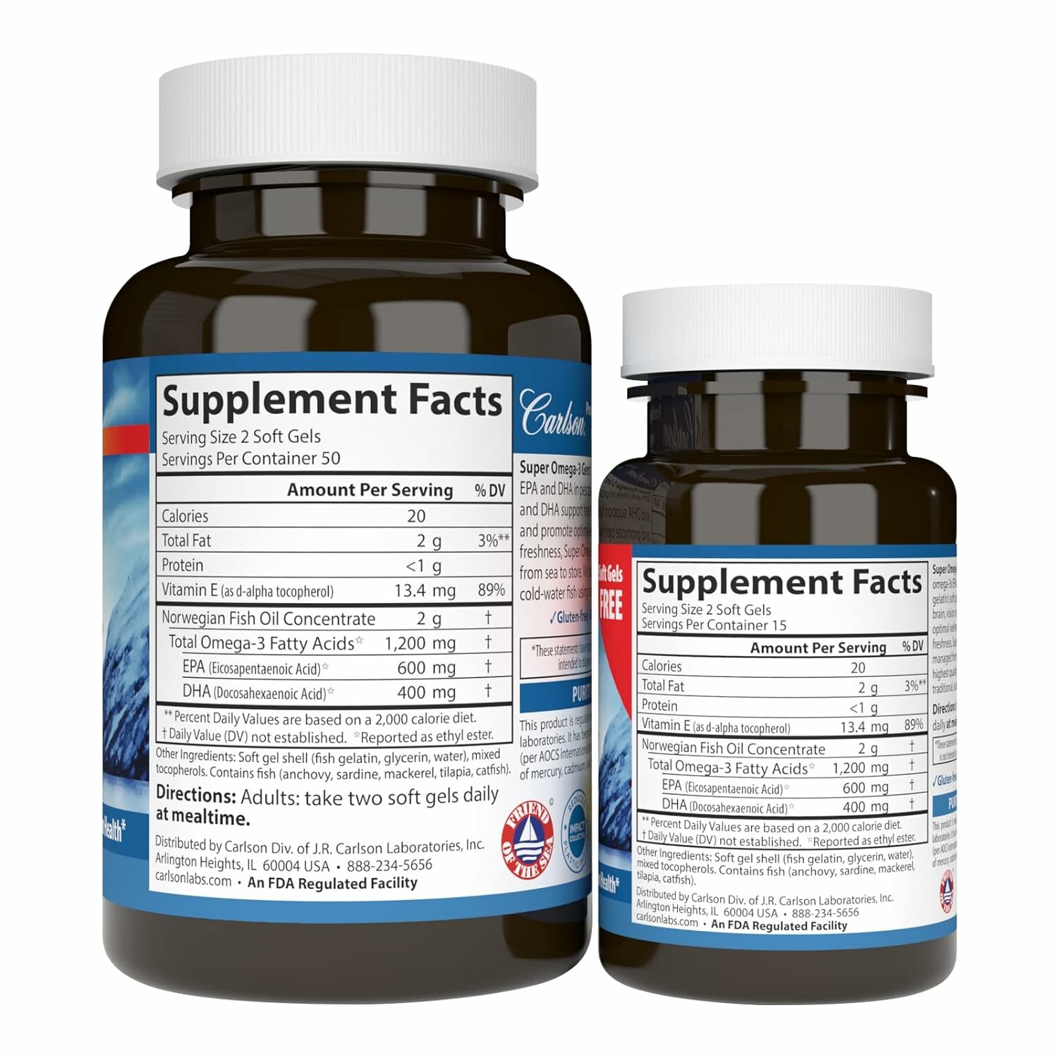 Carlson, Super Omega-3 Gems, высокоэффективные омега-3 кислоты из рыбы дикого улова, 1200 мг, 100 + 30 капсул — фото 1
