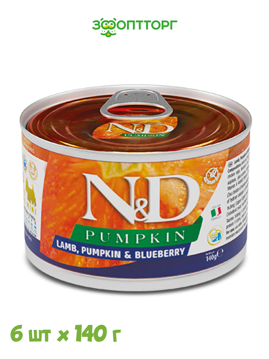 Farmina N&D Dog Pumpkin Adult Mini консервы для взрослых собак мелких пород Ягненок, тыква и черника, 140 г. х 6 шт