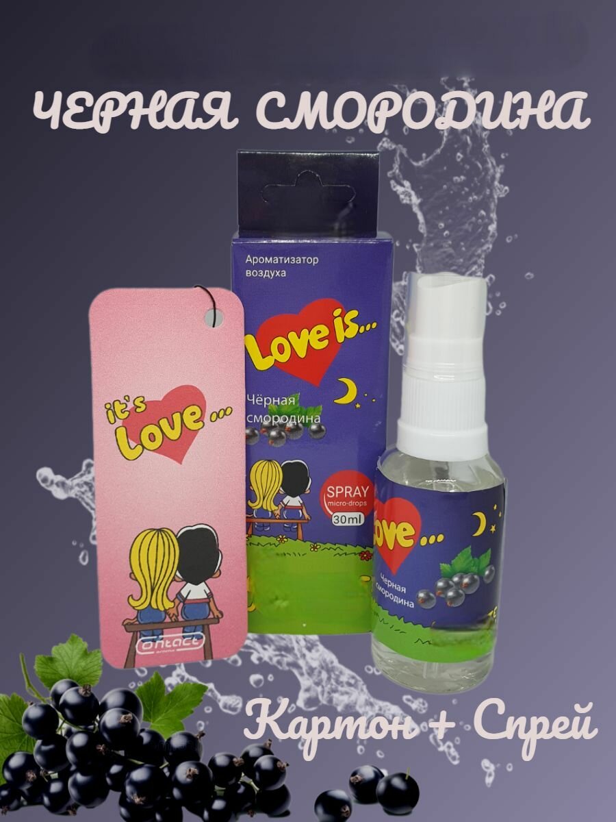 Ароматизатор для дома, офиса, автомобиля/ в машину CONTACT "LOVE IS" с ароматом "Черная смородина" елка + спрей 30мл
