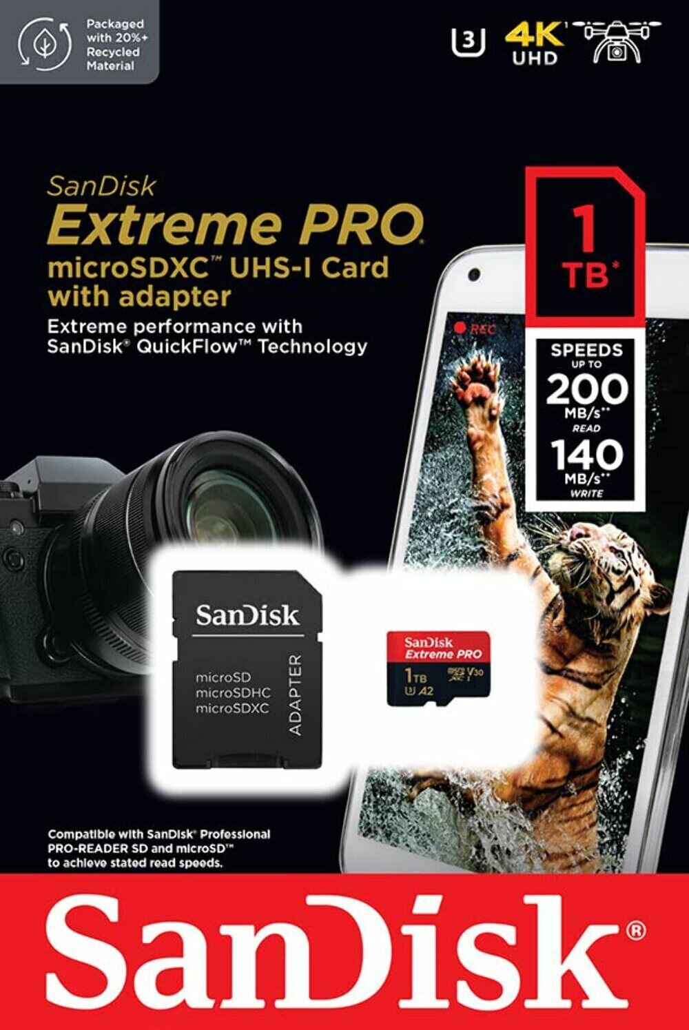 Карта памяти SanDisk Extreme PRO microSDXC 1 ТБ Class 10 UHS-I U3, V30, A2 (R/W 200/140 Mb/s) + SD адаптер