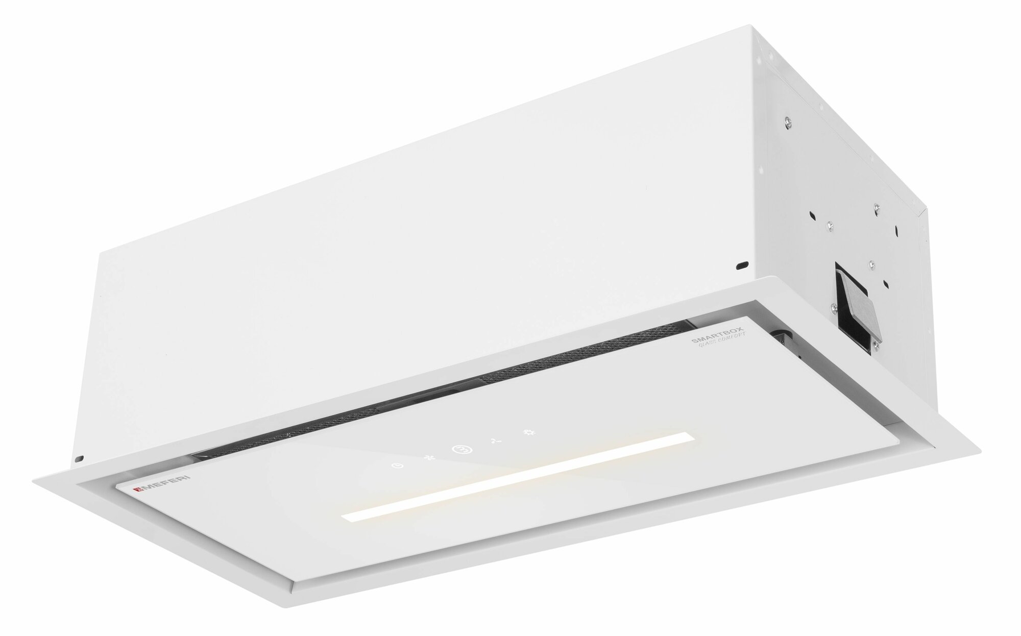Вытяжка кухонная MEFERI SMARTBOX60WH GLASS COMFORT на 60 см встраиваемая, белая, стекло, производительность 950 м3/ч, 3 скорости, низкий уровень шума, режимы отвод и рециркуляция