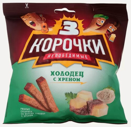 Изображение товара Сухарики 3 Корочки, со вкусом Холодец с хреном, ржаные, 60 шт. по 40 г