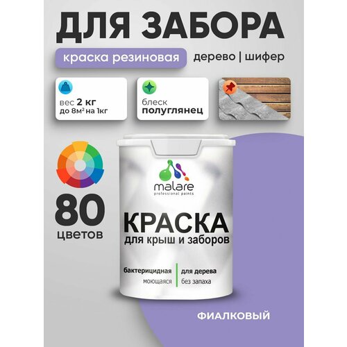 фото Резиновая краска malare для деревянного забора/ по дереву для наружных и внутренних работ/ быстросохнущая моющаяся без запаха полуглянцевая, фиалковый, 2 кг.