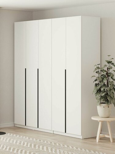 Изображение товара Распашной шкаф для одежды и хранения вещей Сеул с полками, с ящиками, со штангой, с доводчиками, 200.2х50.6х221.6 см, Белый текстурный