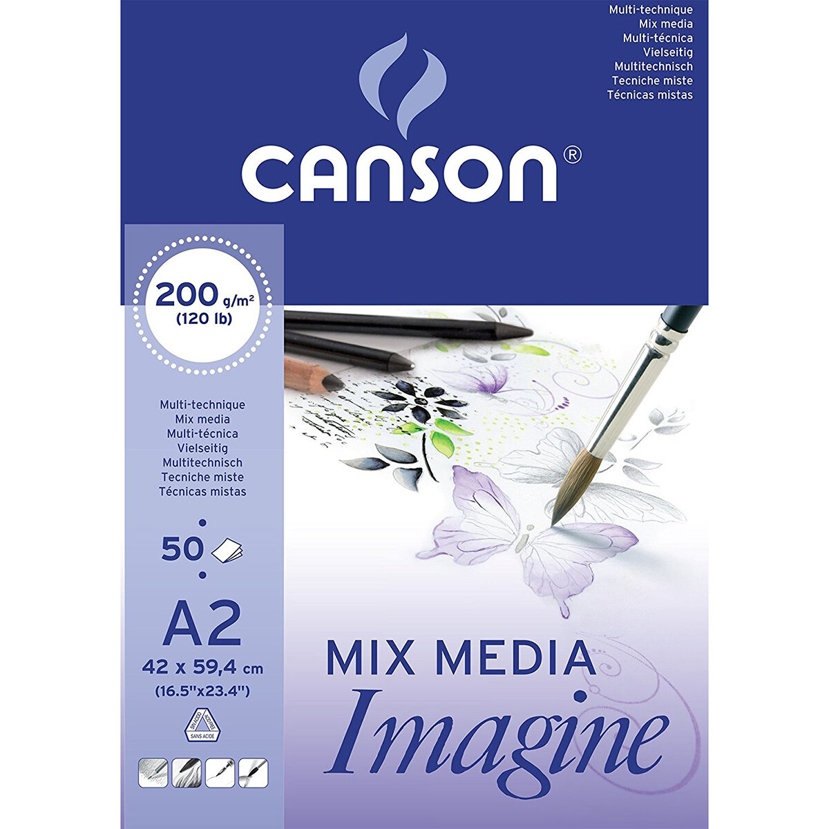 CANSON Imagine альбом для графики 200 г/м2, склейка по 1 стороне, 50 листов A2 42 х 59.4 см, С200006003