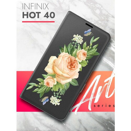 Чехол на Infinix HOT 40 (Инфиникс Хот 40) черный книжка эко-кожа с функцией подставки и магнитами Book case, Brozo (принт) Бежевые Розы чехол на infinix hot 40 инфиникс хот 40 черный книжка эко кожа с функцией подставки и магнитами book case brozo принт лайк