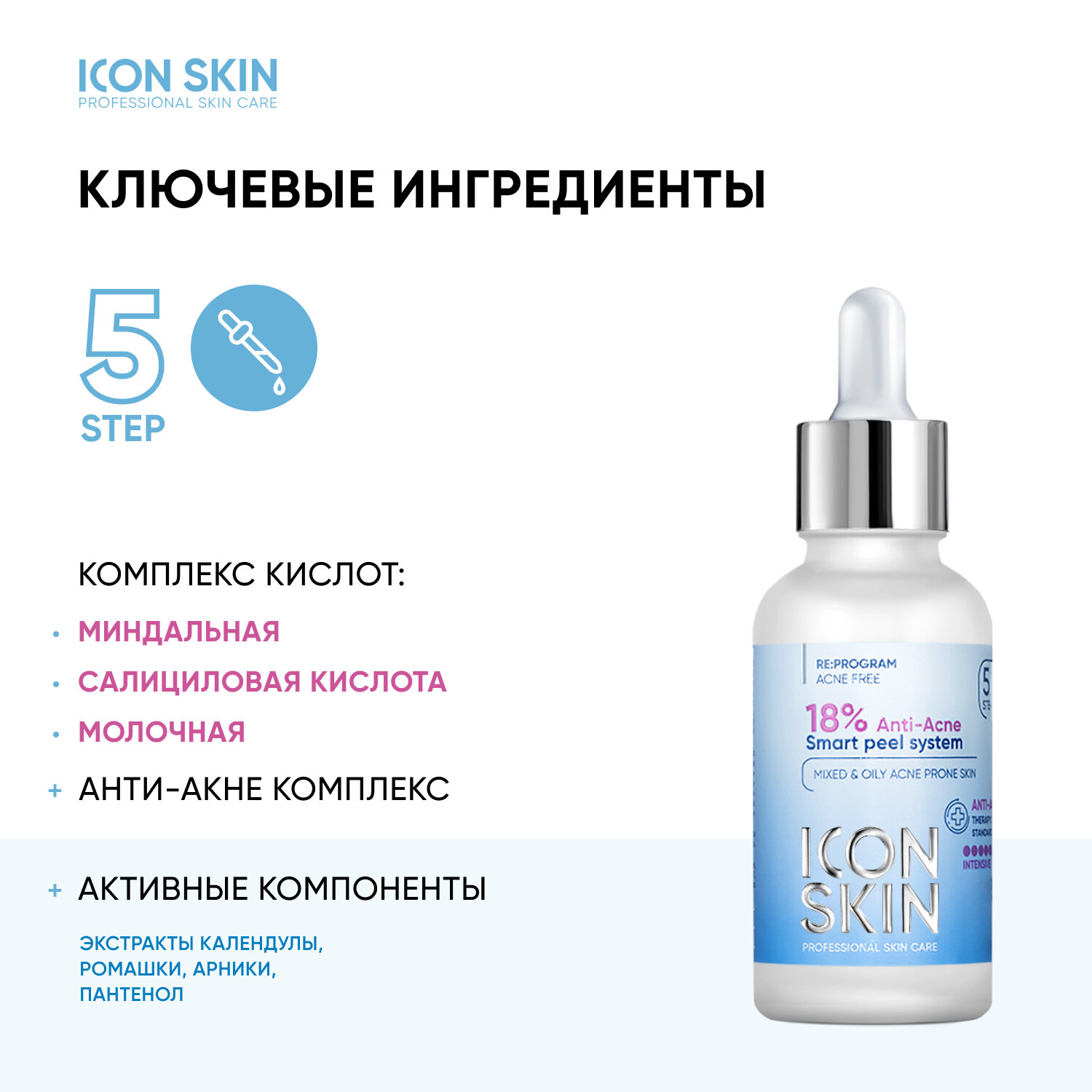 ICON SKIN / 18% Смарт пилинг-система для проблемной кожи / 18% Anti-acne Smart Peel System, 30 мл.