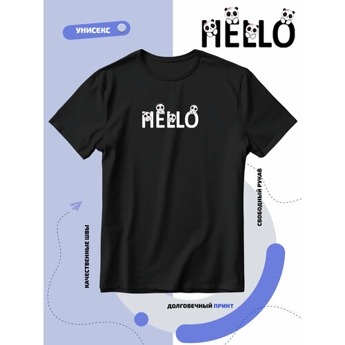 фото Футболка надпись hello с маленькими пандами, размер xs, черный smail-p