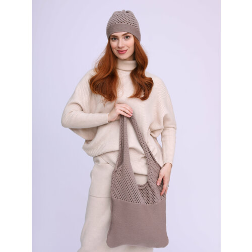 фото Сумка авоська mi ropa сумка-шоппер на плечо + вязаная шапочка в подарок, фактура вязаная, коричневый