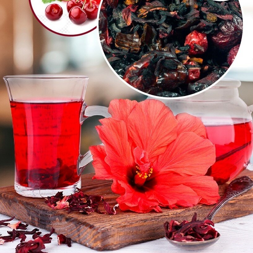 Вишневый Пунш. Чайный напиток с гибискусом, плодами шиповника, красной смородиной, ягодами клюквы и бузины 200 гр