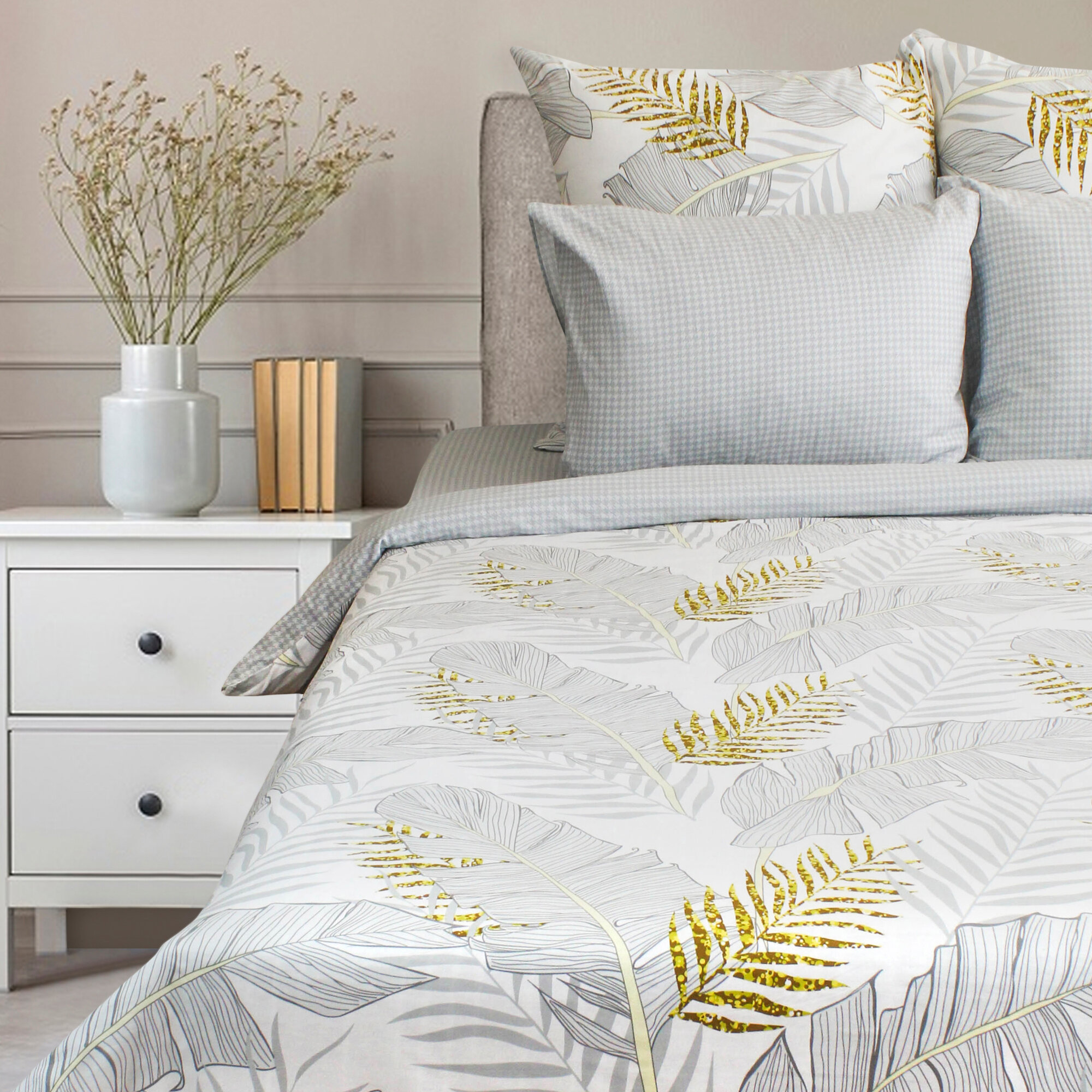 фото Постельное белье 1.5 спальное Cleo Satin Lux листья, комплект, сатин, хлопок