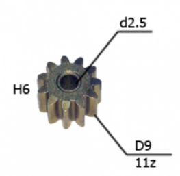 Шестерня двигателя шуруповерта (14) внутр. d 2,5мм, внеш. d 9мм, высота 6мм, 11 зубов