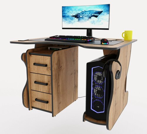 Изображение товара Игровой компьютерный стол "Даги" с тумбой, 100x80x75 см, дуб вотан с чёрной кромкой