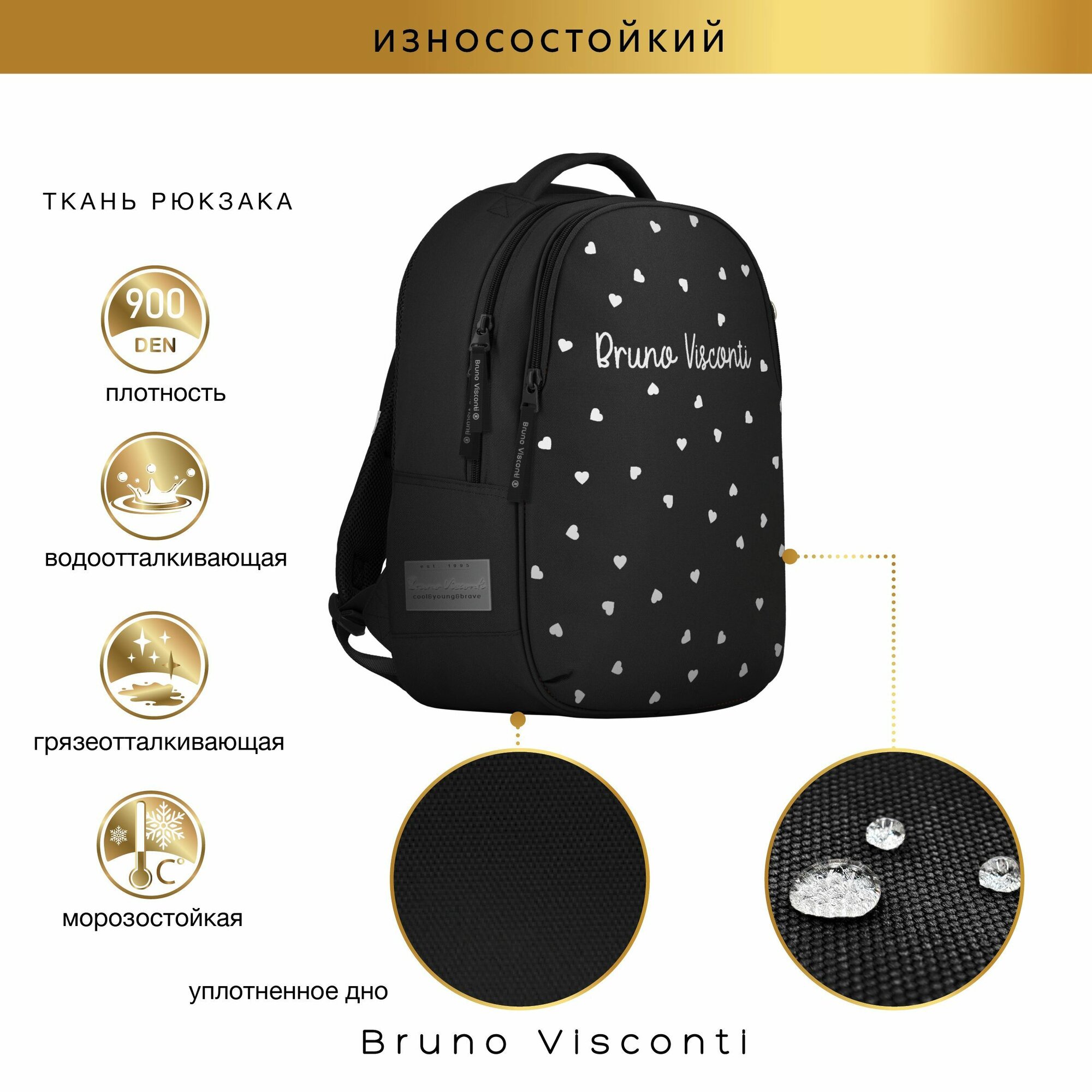 Рюкзак Bruno Visconti черный с эргономичной спинкой "BLACK&WHITE. сердечки" Арт. 12-008-069/01