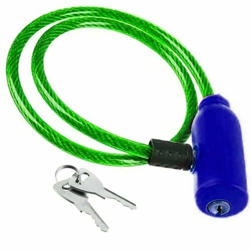 Замок противоугонный для велосипеда коляски самоката с ключами 75 см салатовый-синий 297₽