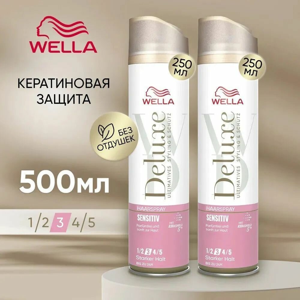 Лак для волос антистатик WELLA Deluxe сильной фиксации (3 из 5) 500 мл, Кератиновая защита, стайлинг, средство для укладки без отдушек, набор (2 бутылочки по 250 мл)