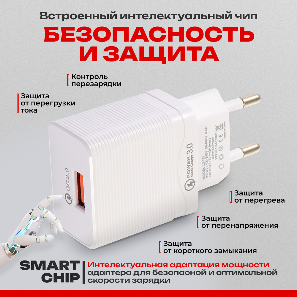 Зарядное устройство для телефона, быстрая зарядка QC 3.0, зарядка для смартфона, сетевое зарядное устройство, адаптер для зарядки телефона, белый