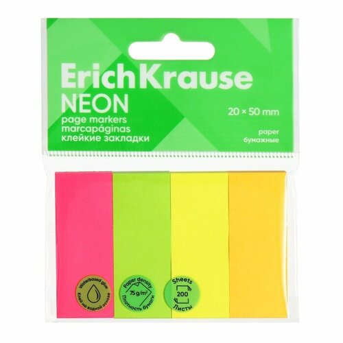 Закладки с клеевым краем бумажные 20x50 мм, ErichKrause Neon, 200 листов, 4 цвета