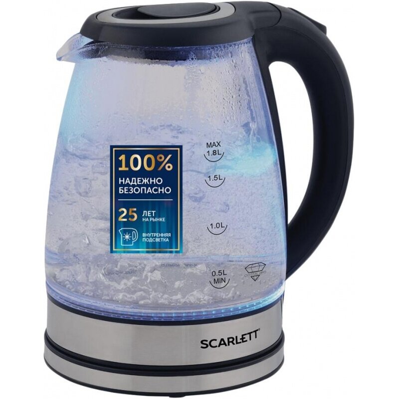 Электрический чайник Scarlett Черный, стекло, 1800 Вт, 1,8 л (SC-EK27G88)