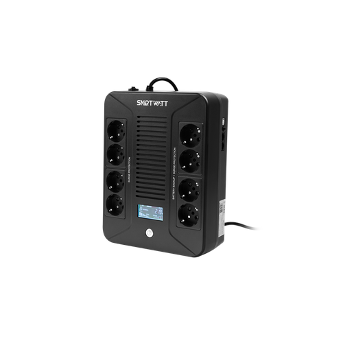 Источник бесперебойного питания SMARTWATT линейно-интерактивный, 1000/600 ВА/Вт, напольный/настенный, LCD дисплей, Shuko CEE7/4 - 8 шт. (4 шт. с резервным питанием, 4 шт. - сетевой фильтр) (UPS SAFE PRO LCD 1000)